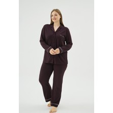 Sevim Kadın Büyük Beden Koyu Mor Düğmeli Uzun Kollu Gömlek Yaka Pijama Takımı C4T3N171