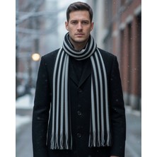 1001 Kravat Ahşap Hediye Kutusunda Siyah Gri Çizgili Erkek Kışlık Atkı