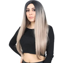 Marsilyan Fiber Sentetik Uzun Düz Peruk - Siyah / Küllü Bebek Sarı Ombreli