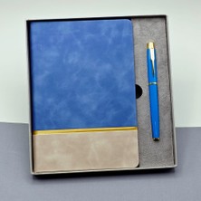Skygo Gold Şeritli Mavi Defter Ve Kalem Seti