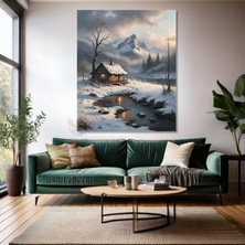 Artarilion Kanvas Dikey Duvar Tablosu Kanvas Karlı Ev Dağ Manzarası Ev Ofis Salon Modern Duvar Tablosu