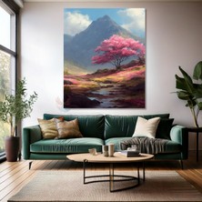 Artarilion Kanvas Dikey Duvar Tablosu Kanvas Pembe Ağaç Dağ Ev Ofis Salon Modern Duvar Tablosu