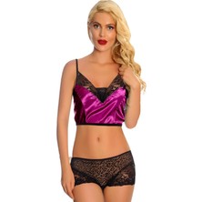 Wovna Mor Saten Dantelli Babydoll Şortlu Takım