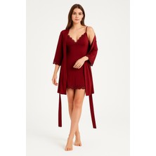 Bordo Mikro Penye Dantelli Gecelik & Sabahlık Takımı – Özel Kutulu Premium Ev Giyim