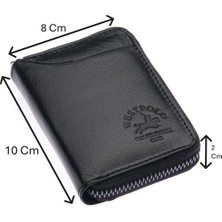 Westpolo Hakiki Deri Bol Şeffaf Kart Bölmeli Fermuarlı Unisex Cüzdan - Siyah