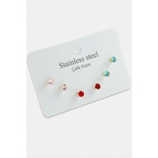 Hg.Aksesuar 6 Adet Yuvarlak Renkli Zirkon Tek Taşlı Çelik Küpe