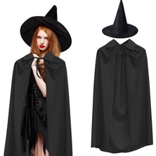 AyrStore 120 cm Siyah Yakalı Pelerin ve Siyah Cadı Şapkası Kostüm Seti