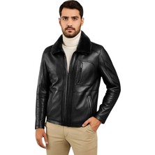 Derije Carlos Hakiki Deri Erkek Siyah Seyyar Kürk Yaka Ceket-Mont