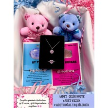 Sevgililer Günü Pembe Kalpli Doğal Taşlı Çelik Takım Seti