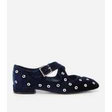 Hotiç 01AYH314680A680 KADIN Lacivert Kadife Taşlı Çapraz Bantlı Babet