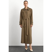 Olcay Gömlek Yaka Işleme Detaylı Süet Görünümlü Büyük Beden Pardesü A.haki 6785