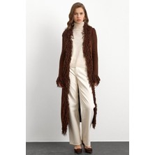 Olcay Püskül Detaylı Uzun Triko Hırka Kahve 8281