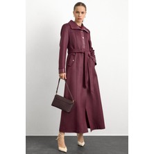 Olcay Deri ve Çıt Çıt Aksesuarlı Gabardin Süet Pardesü Bordo 6793