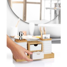 Okyanus Home Beyaz Bambu Çekmeceli Sıvı Sabunluk ve Diş Fırçalıklı Banyo Organizeri