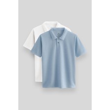 Tommy Life Standart Fit Basic Polo Yaka 2li Paket Beyaz-Buz Mavi Erkek T-Shirt - 87748