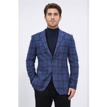 Velvarde Slim Fit Mono Yaka Lacivert Kareli Astarsız Tek Ceket