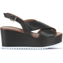 Bueno Shoes Siyah Deri Kadın Dolgu Topuklu Sandalet 01WU7001 01WU7001