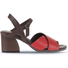 Bueno Shoes Kadın Kırmızı Kahve Deri Topuklu Sandalet Dar Kalıp 5,5 cm Topuk Boyu
