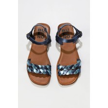 Bueno Shoes Lacivert Mavi Prlk Deri Kadın Düz Sandalet 01WU3415 01WU3415