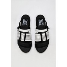 Bueno Shoes Siyah Beyaz Deri Kadın Düz Sandalet 01WU3010 01WU3010