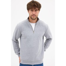Mmetalic Erkek Gri Standart Fit Normal Kesim Pamuklu Yarım Fermuarlı Dik Yaka Pamuklu Sweatshirt