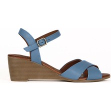 Bueno Shoes Mavi Deri Kadın Dolgu Topuklu Sandalet 01WE4003 01WE4003