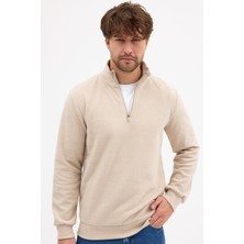 Mmetalic Erkek Bej Standart Fit Normal Kesim Pamuklu Yarım Fermuarlı Dik Yaka Pamuklu Sweatshirt
