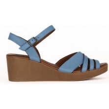 Bueno Shoes Mavi Açık Deri Kadın Dolgu Topuklu Sandalet 01WE3900 01WE3900