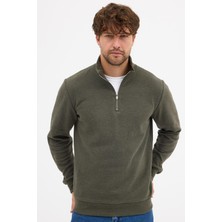 Mmetalic Erkek Haki Standart Fit Normal Kesim Pamuklu Yarım Fermuarlı Dik Yaka Pamuklu Sweatshirt