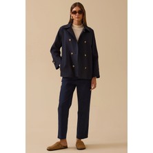 Seçil Kadın Düğmeli Cep Detaylı Kısa Trençkot 0001 Lacivert