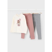 Mayoral 4-10 Yaş Kız Çocuk Bej Renk Çiçek ve Kız Baskılı Pamuklu Sweat, Pembe ve Gri Taytlı 3’lü Takım