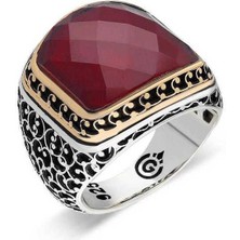 Gumush Gümüş Yakut Renk Kırmızı Taşlı Erkek Yüzük