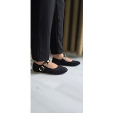 Melinta Shoes Kadın Siyah Günlük Babet Kemerli Ayarlanabilir Tokalı Tüvit Kumaş Hafif Rahat Ayakkabı