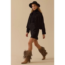 Seçil Kadın Püskül Detaylı Kısa Süet Ceket 0014 Siyah