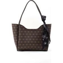 SHAKA Monogram Baskılı Kahverengi SHK240 Suni Deri Fermuarlı Tek Bölmeli Fular Hediyeli El,kol ve Omuz Çantası