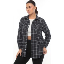 Lady Majestic Büyük Beden Ekose Desenli Simli Rahat Kalıp Kadın Gömlek