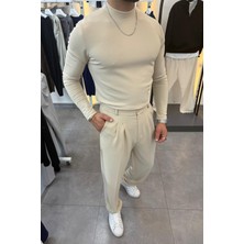 Akçaylar Yarım Balıkçı Pamuk Örme Likralı Esnek Rahat Kumaş Pileli Pantolonlu Takım