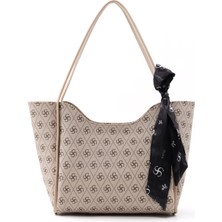 SHAKA Monogram Baskılı Vizon SHK240 Suni Deri Fermuarlı Tek Bölmeli Fular Hediyeli El,kol ve Omuz Çantası