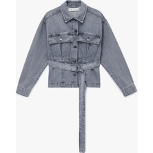 Koton Pamuklu Cep Detaylı Uzun Kollu Klasik Yaka Kemerli Denim Ceket