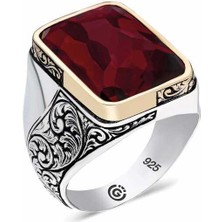 Gumush ​Gümüş Bordo Taşlı Köşeli Erkek Yüzük