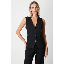 On Kadın V Yaka Kolsuz Yelek 64919 Siyah