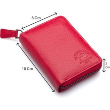 Westpolo Hakiki Deri Bol Şeffaf Kart Bölmeli Fermuarlı Unisex Cüzdan - Kırmızı