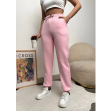 Schlank Kadın Pembe Kışlık Kalın Içi Polarlı Yüksek Bel Paçası Lastikli Basic Jogger Eşofman Altı