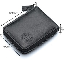 Westpolo Hakiki Deri Kağıt Para ve Bol Şeffaf Kart Bölmeli, Fermuarlı Unisex Kartlık - Siyah