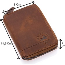 Westpolo Hakiki Eskitme Deri Kağıt Para ve Bol Kart Bölmeli Fermuarlı Unisex Cüzdan - G2 Taba