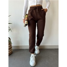 Schlank Kadın Kahverengi Kışlık Kalın Içi Polarlı Yüksek Bel Paçası Lastikli Basic Jogger Eşofman Altı