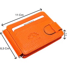 Westpolo Hakiki Deri Çift Taraflı Kullanıma Uygun Kuşaklı Kağıt Para Klipsli Unisex Kartlık-Turuncu