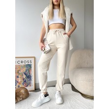 Schlank Kadın Krem Paçası Lastikli Yüksek Bel Jogger Eşofman Altı