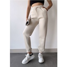 Schlank Kadın Bej Kışlık Kalın Içi Polarlı Yüksek Bel Paçası Lastikli Basic Jogger Eşofman Altı