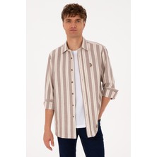 U.S. Polo Assn. Erkek Krem Çizgili Uzun Kollu Kahverengi Gömlek 50316546-VR233